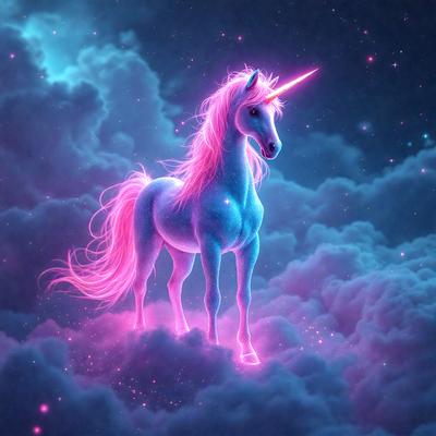 Primary subject: A pink and blue unicorn with a long mane and tail.

Setting/background: The unicorn is standing on a cloud, with a blue sky in the background.

Visual style: The image is a digital art or illustration of a unicorn.

Colors and mood: The unicorn has a pink body with a blue mane and tail, giving it a vibrant and whimsical appearance. The blue sky and clouds in the background create a